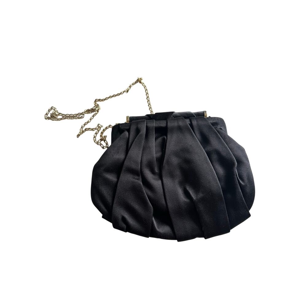 Stuart Weitzman Vintage Black Satin Pleated Clutch Frame Bag Gold Chain Formal